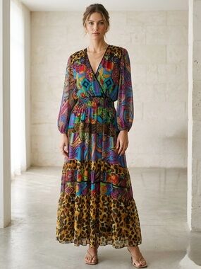 Vintage Diane Freis Mixed Print Chiffon Maxi Dress Size 14 16 XL 80s 90s